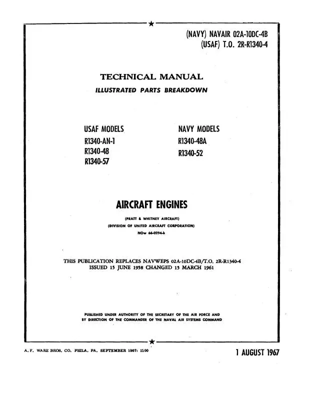 Pratt & Whitney Aircraft Usaf & Navy Models Parts Catalog (2R-R1340-4) 1