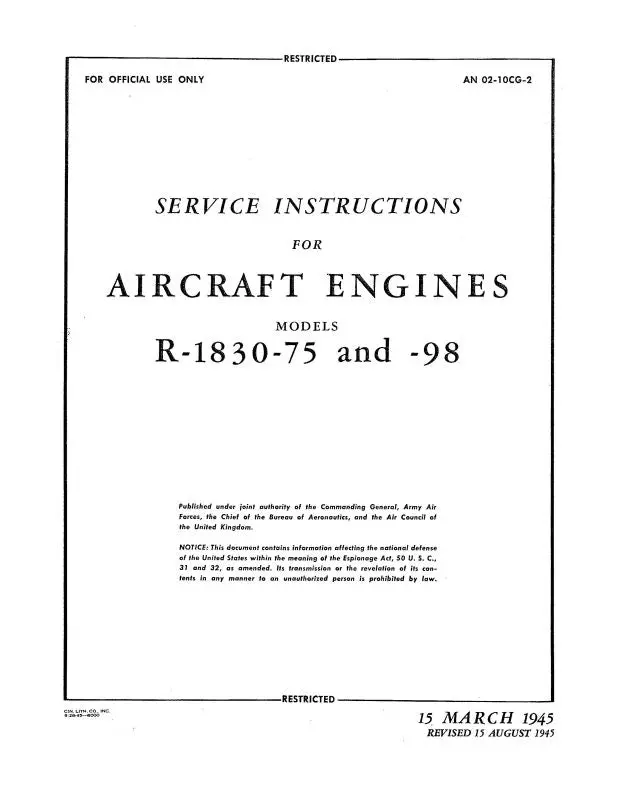 Pratt & Whitney Aircraft R-1830-75 & R-1830-98 Maintenance Instructions (02-10Cg-2) 1