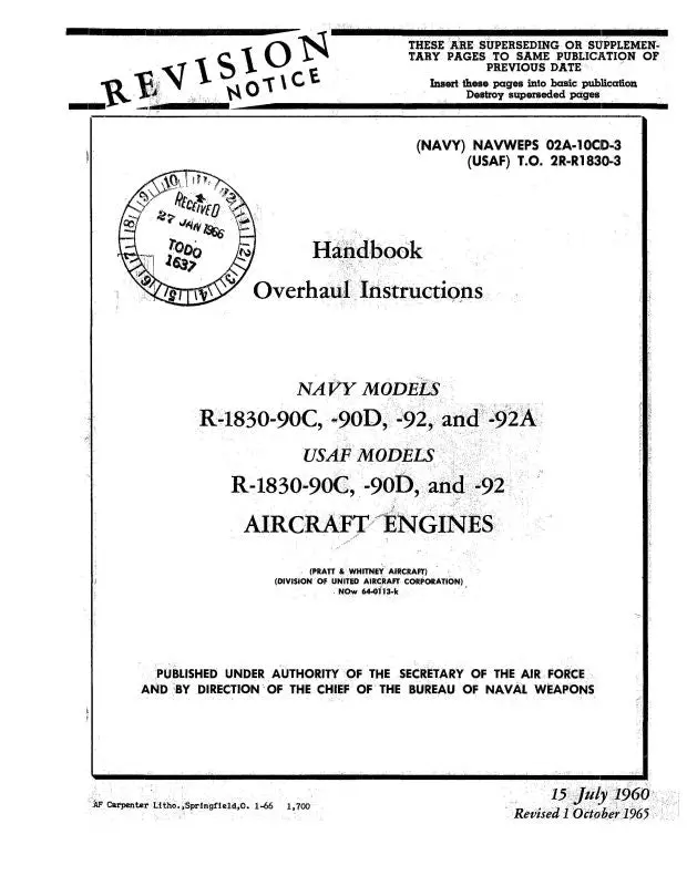 Pratt & Whitney Aircraft R-1830Ser Navy & Usaf Models Overhaul Instructions (02A-10Cd-3) 1