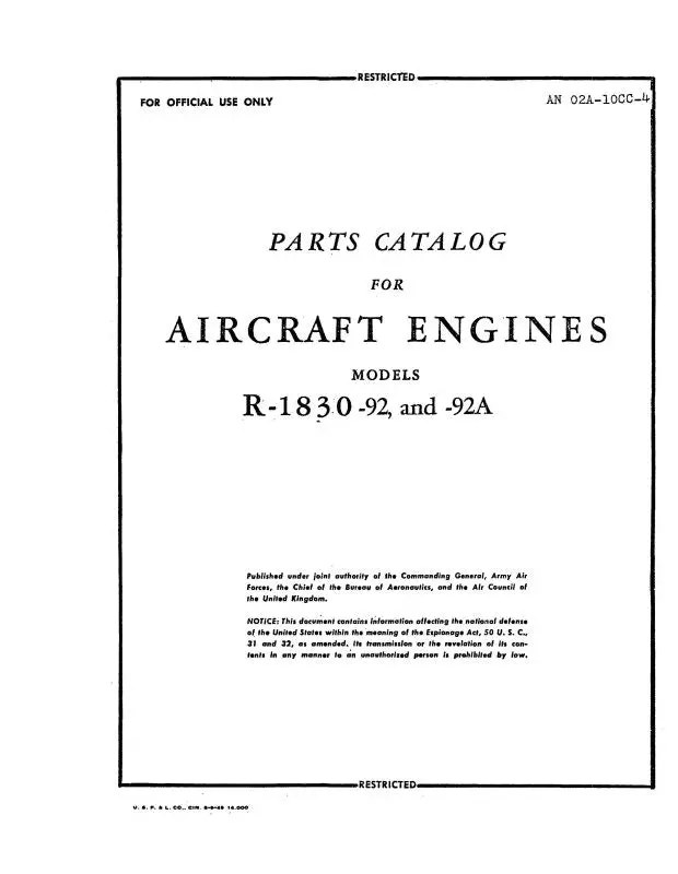 Pratt & Whitney Aircraft R-1830-92 & -92A Series 1959 Parts Catalog (02A-10Cc-4) 1