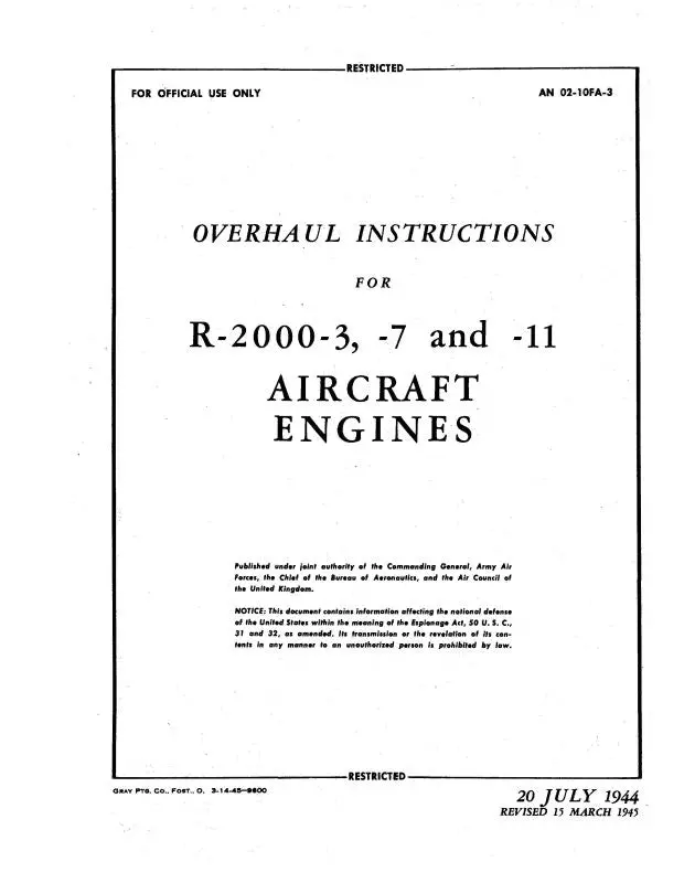 Pratt & Whitney Aircraft R-2000-3,-7,-11 Series Overhaul Instructions (02-10Fa-3) 1