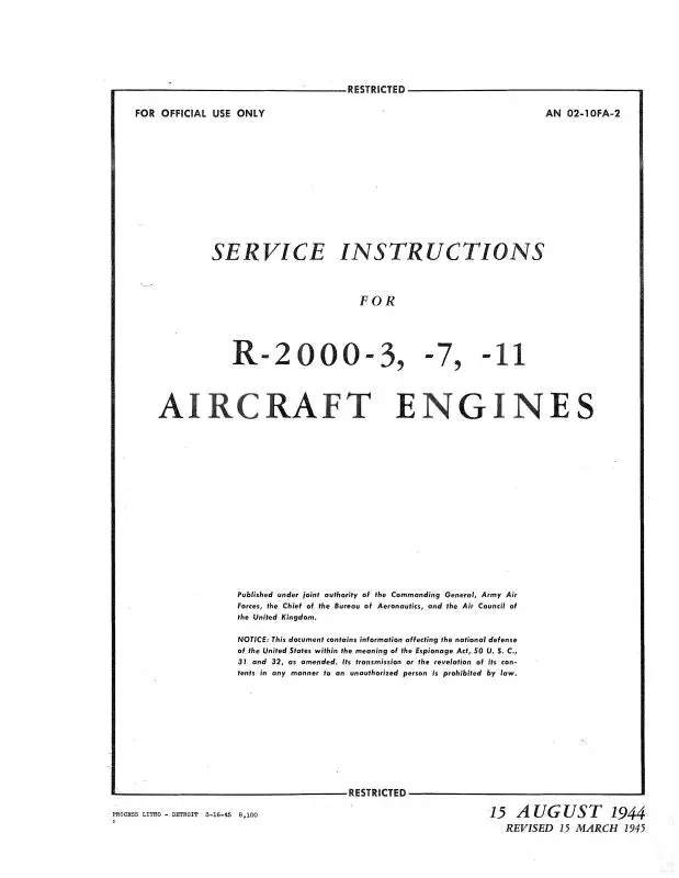 Pratt & Whitney Aircraft R-2000-3,-7,-11 Series Service Instructions (02-10Fa-2) 1
