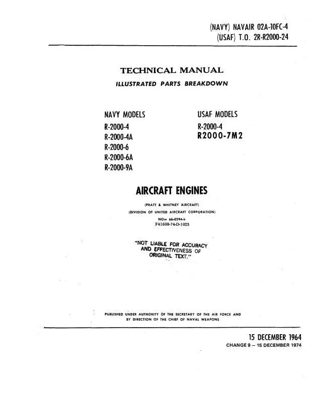 Pratt & Whitney Aircraft R-2000 Series Navy & Usaf Parts Catalog (02A-10Fc-4) 1