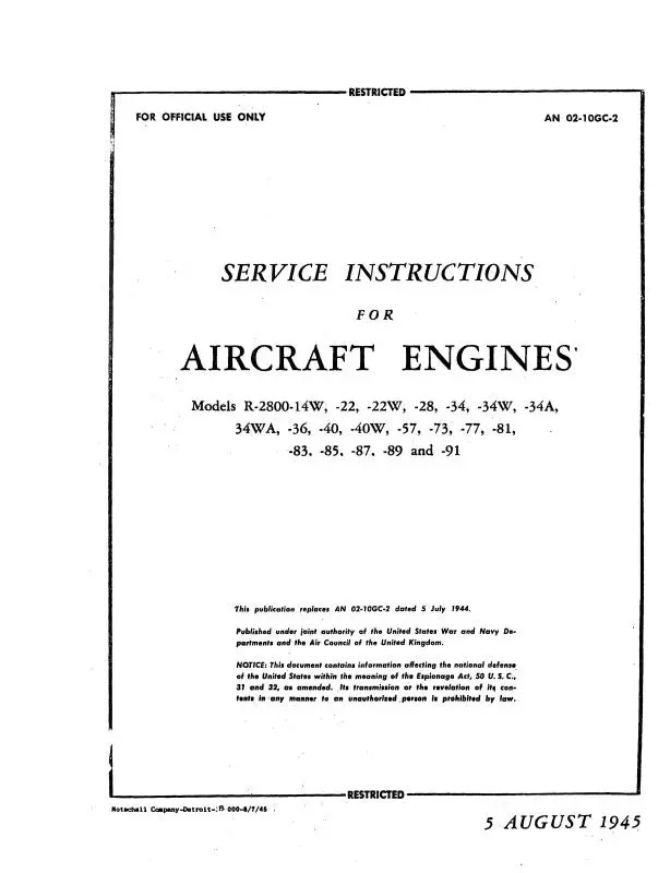 Pratt & Whitney Aircraft R-2800-14W  Thru 91 1945 Maintenance Instructions Manual (02-10Gc-2) 1