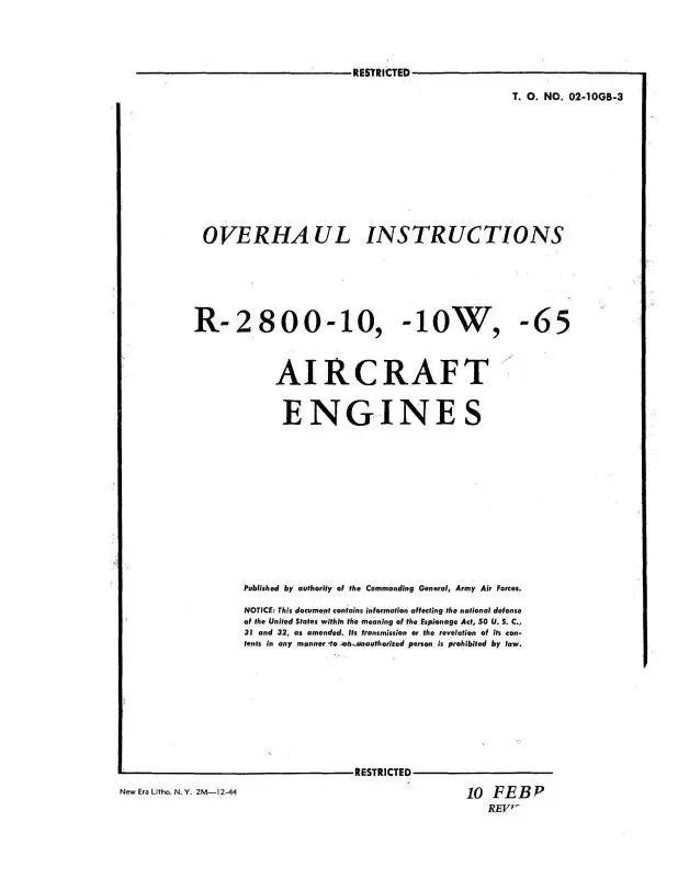 Pratt & Whitney Aircraft R-2800-10, -10W, -65 1944 Overhaul Instructions (02-10Gb-3) 1