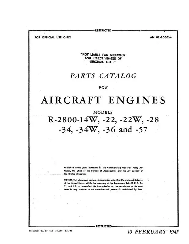 Pratt & Whitney Aircraft R-2800 Series 1945 Parts Catalog (02-10Gc-4) 1