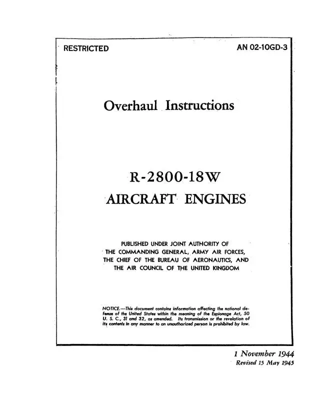 Pratt & Whitney Aircraft R-2800-18W Series 1945 Overhaul Instructions (02-10Gd-3) 1