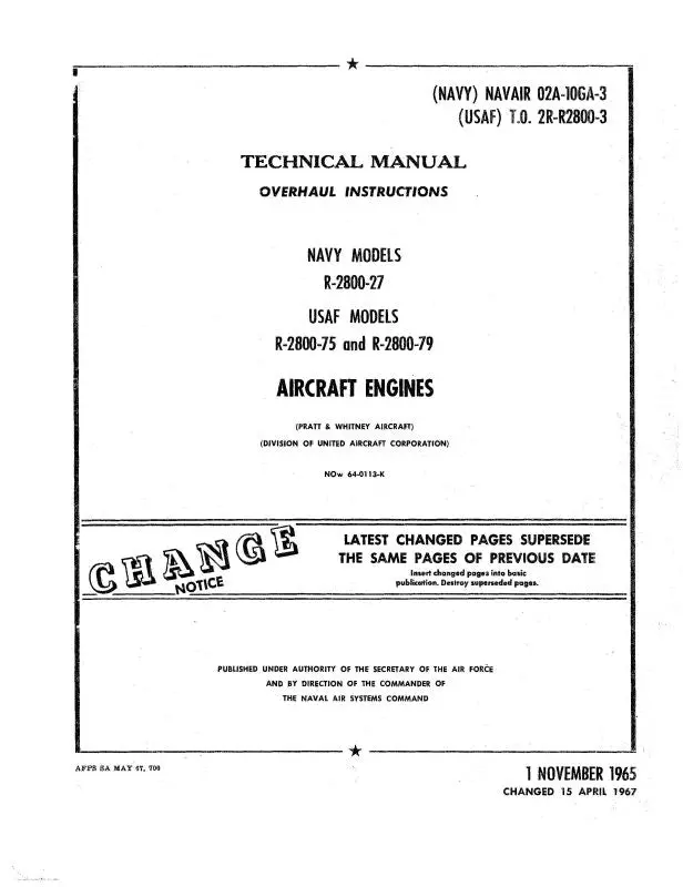 Pratt & Whitney Aircraft R-2800 Series Navy & Usaf Models Overhaul Instructions (02A-10Ga-3) 1