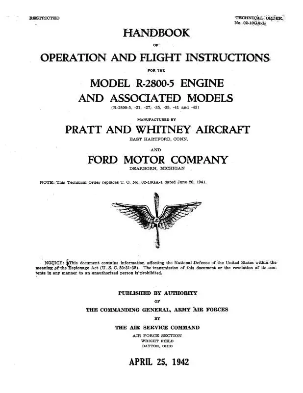 Pratt & Whitney Aircraft R-2800-5 Series 1941 Operation And Flight Instructions (02-10Ga-1) 1
