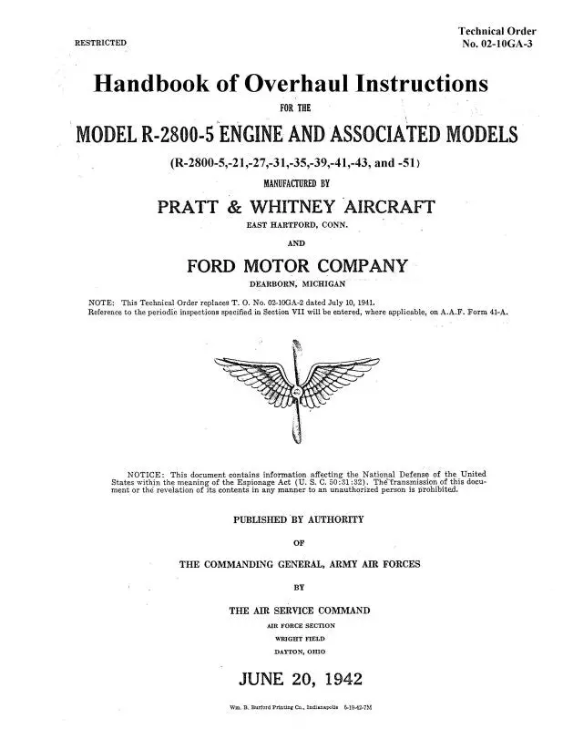 Pratt & Whitney Aircraft R-2800 Series 1942 Overhaul Instructions (02-10Ga-3) 1