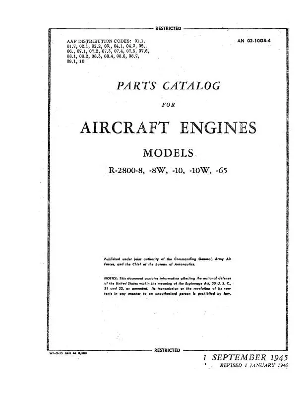 Pratt & Whitney Aircraft R-2800-8,-8W,-10,-10W&-65 Parts Catalog (02-10Gb-4) 1