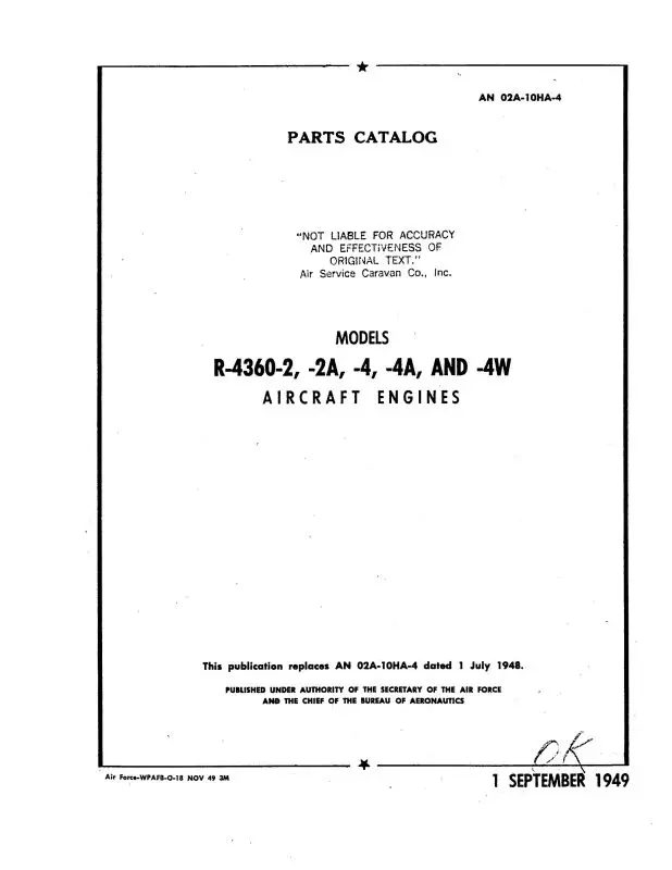 Pratt & Whitney Aircraft R-4360-2,-2A,-4,-4A&-4W Parts Catalog (02A-10Ha-4) 1