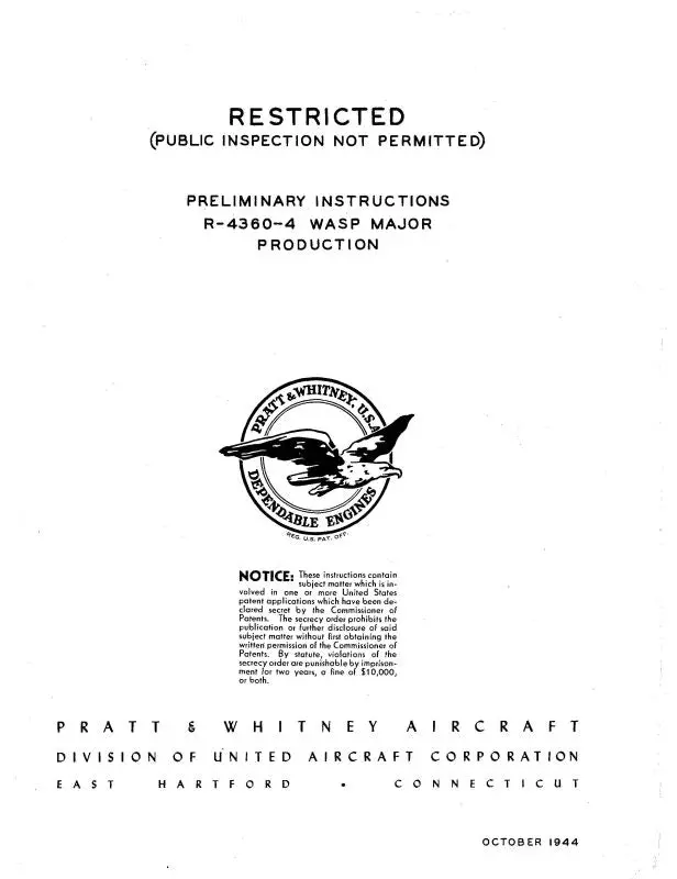 Pratt & Whitney Aircraft R-4360-4 Wasp Major Production Preliminary Instructions (Pwwaspmajr-44-C) 1