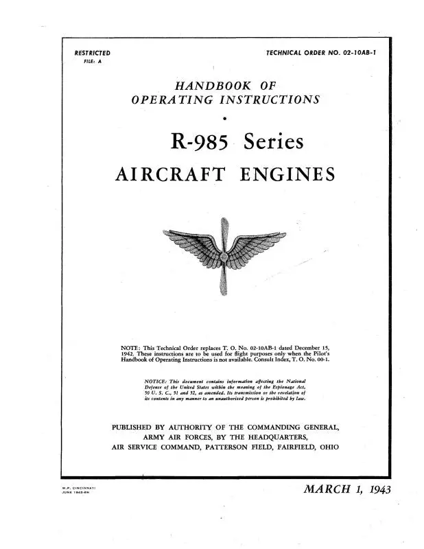 Pratt & Whitney Aircraft R-985 Series Aircraft Engines Operating Instructions (02-10Ab-1-42) 1