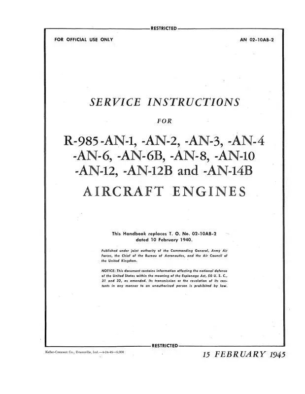 Pratt & Whitney Aircraft R-985 Series 1940 Service Instructions (02-10Ab-2) 1