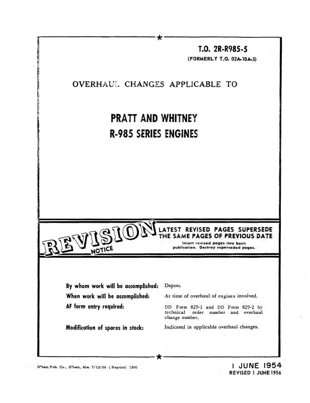 Pratt & Whitney Aircraft Overhaul Changes To R-985 Ser Overhaul Changes (2R-R985-5) 1
