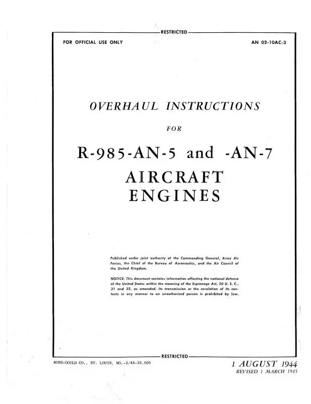 Pratt & Whitney Aircraft R985-An-5, An-7 Overhaul Instructions (02-10Ac-3) 1