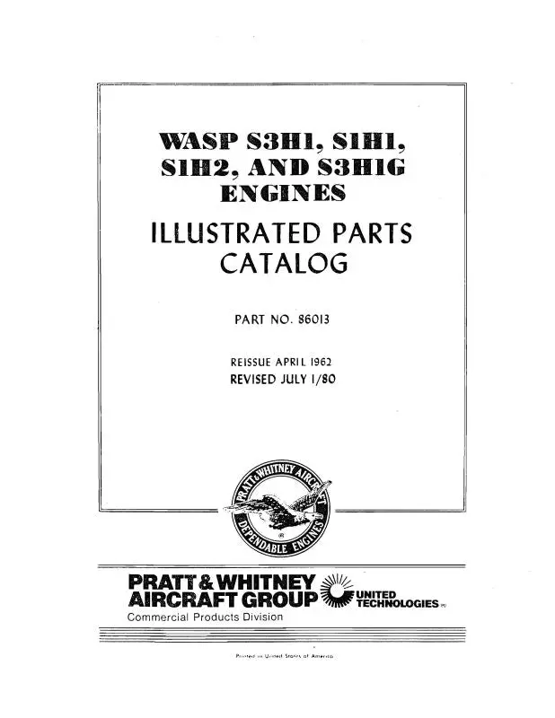 Pratt & Whitney Aircraft Wasps3h1,S1h2&S3h1gengines Parts Catalog (86013) 1