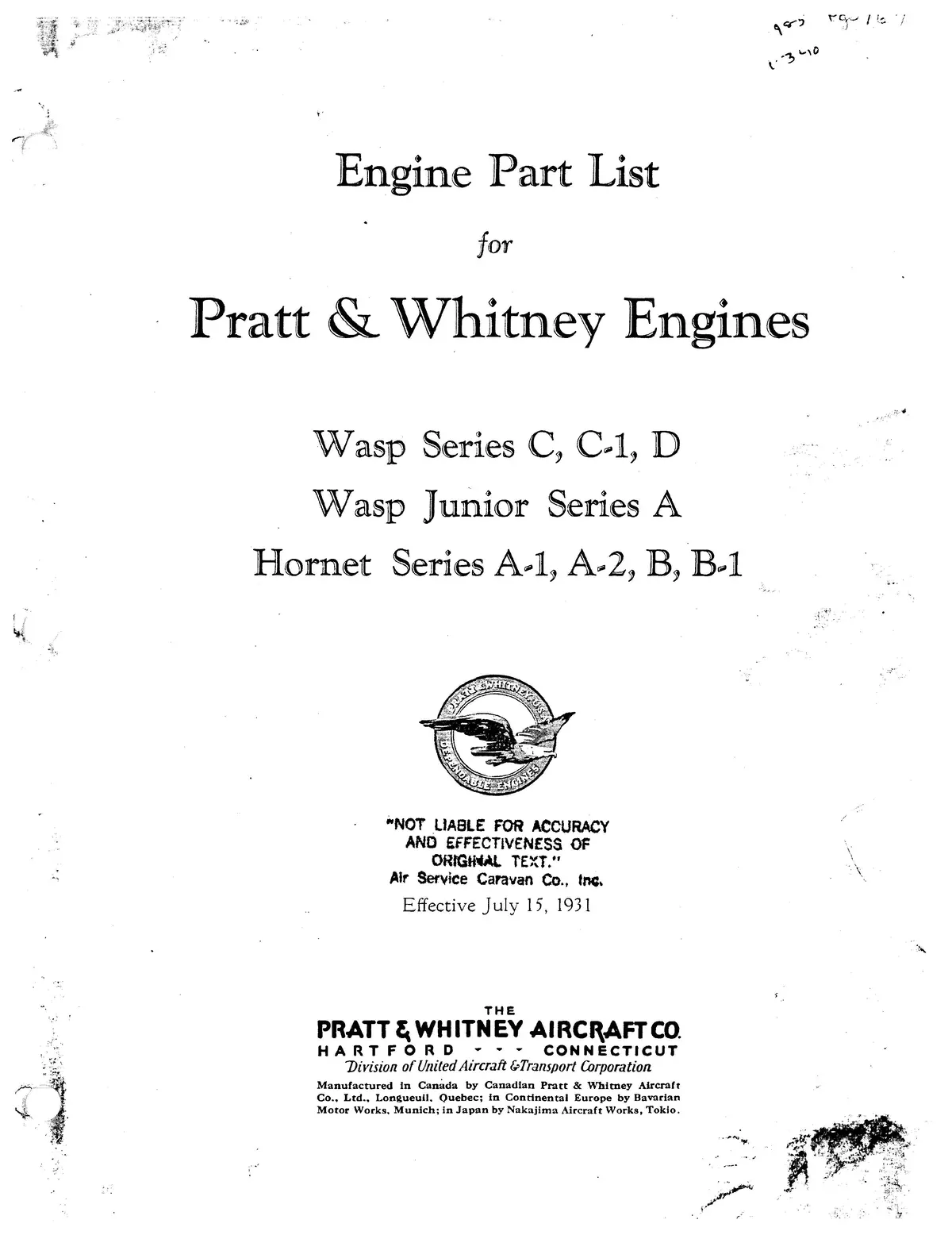 Pratt & Whitney Aircraft Wasp C, C-1, D Wasp Jr. Series A & Hornet Series A-1,A-2, B, B-1 Parts Catalog (Pwwaspserc-31Pc) 1