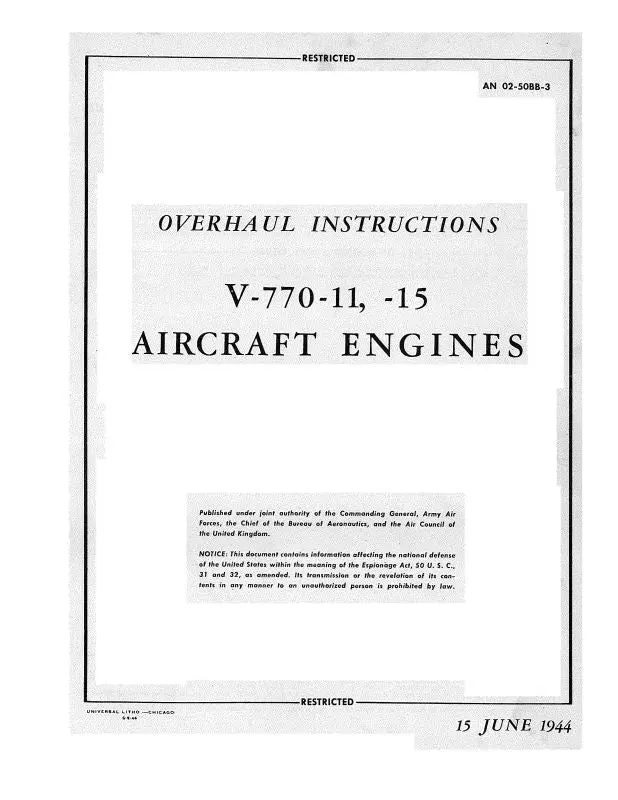 Ranger V-770-11, -15 1944 Overhaul Instructions (02-50Bb-3) 1