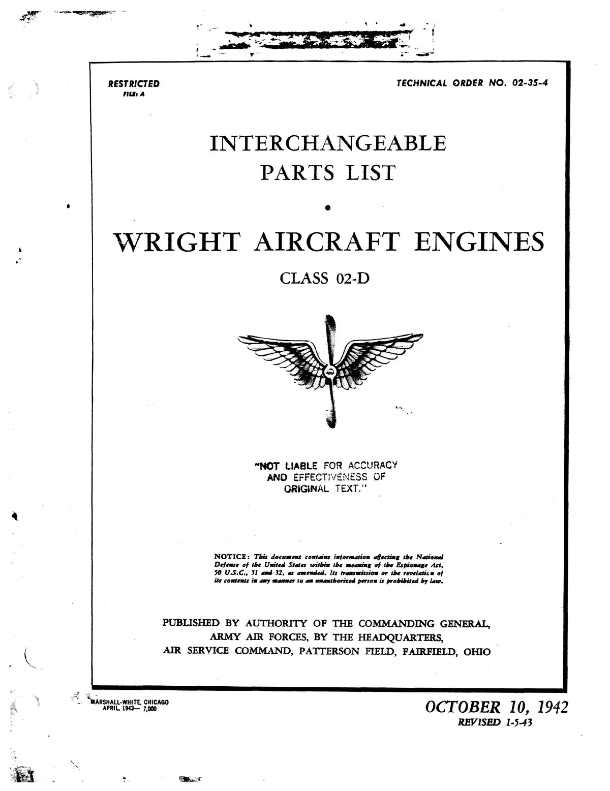 Wright Aeronautical Class 02-D 1942 Interchangeable Parts List (02-35-4) 1