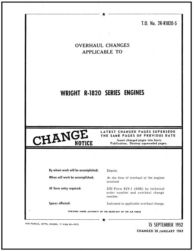 Wright Aeronautical R-1820 Series Changes 1952 Overhaul Changes (2R-R1820-5) 1