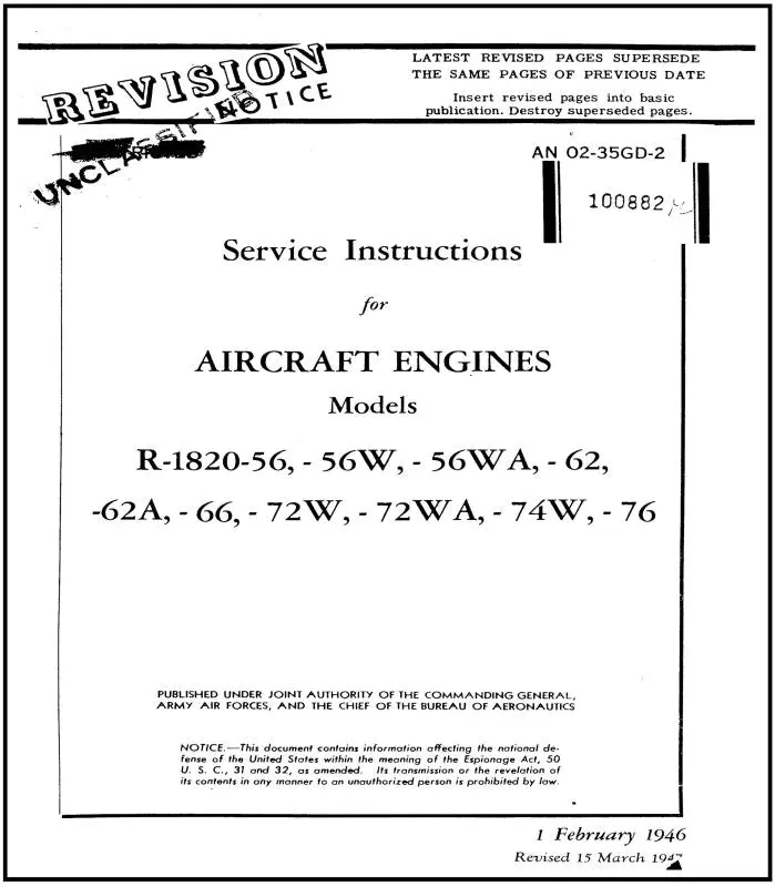 Wright Aeronautical R-1820-56 Series 1946 Maintenance Instructions (02-35Gd-2) 1