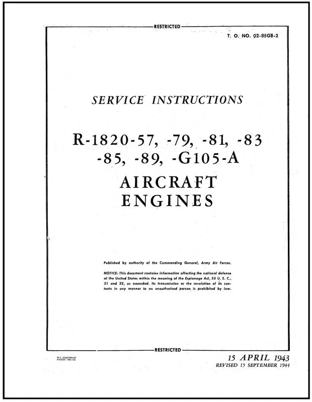 Wright Aeronautical R-1820-57 Series 1943 Maintenance Instructions (02-35Gb-2) 1