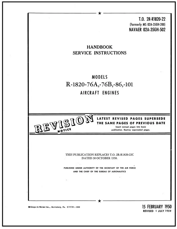 Wright Aeronautical R-1820-76A,-76B,-86,-101 1950 Maintenance Instructions (2R-R1820-22) 1