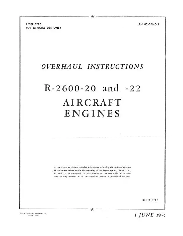 Wright Aeronautical R-2600-20 & R-2600-22 1944 Overhaul Instructions (02-35Hc-3) 1