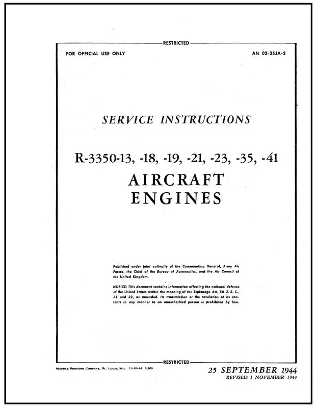 Wright Aeronautical R3350-13,18,19,21,23,35,41 Maintenance Instructions (02-35Ja-2) 1