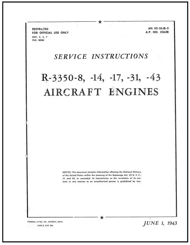 Wright Aeronautical R3350-8,-14,-17,-31,-33 1943 Maintenance Instructions (02-35Jb-2) 1
