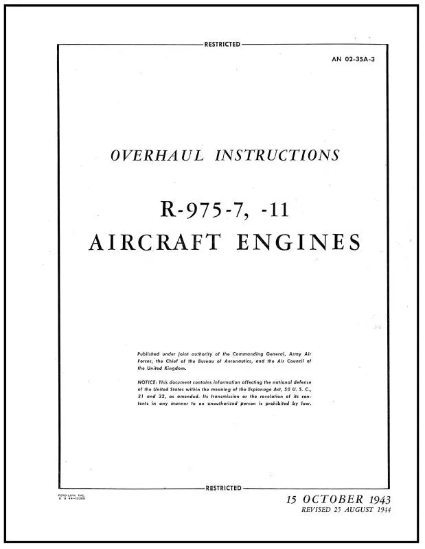 Wright Aeronautical R-975-7 & R-975-11 1943 Overhaul Instructions (02-35A-3) 1