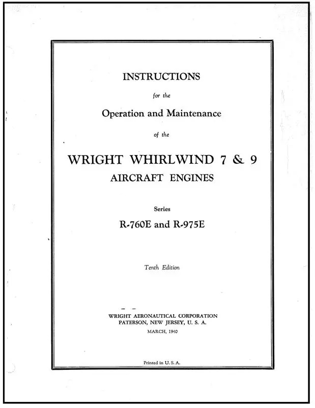 Wright Aeronautical Whirlwind 7,9  R-760E & R-975E Installation, Operation, Maintenance (Wr7,9-42-M-C) 1