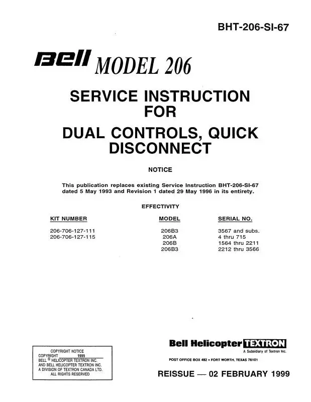 Bell Helicopter 206 Service Instructions For Dual Controls, Quick Disconnect Bht-206-Si-67 1