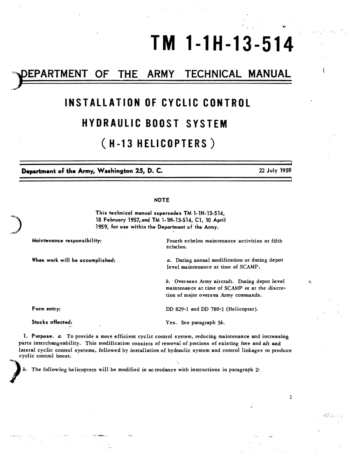 Bell Helicopter H-13C, D, E, G  Installation Of Cyclic Control Hydraulic Boost System T.O. 1-1H-13-514 1
