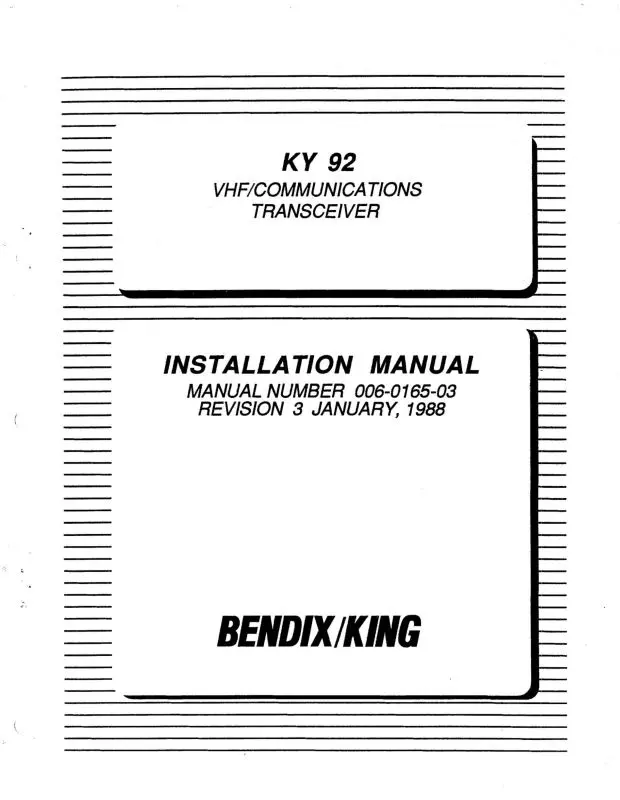 Bendix-King Ky92 Vhf-Commtrans. 1988 Installation Manual (006-0165-03) 1