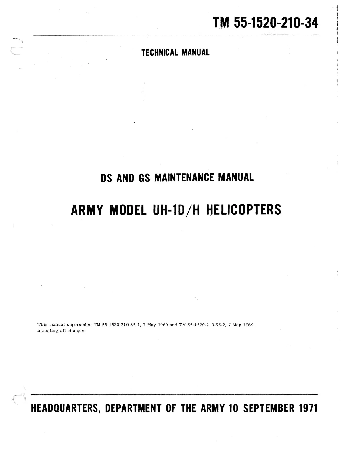 Bell Helicopter Uh-1D,H 1971 Ds And Gs Maintenance Manual Tm 55-1520-210-34 1