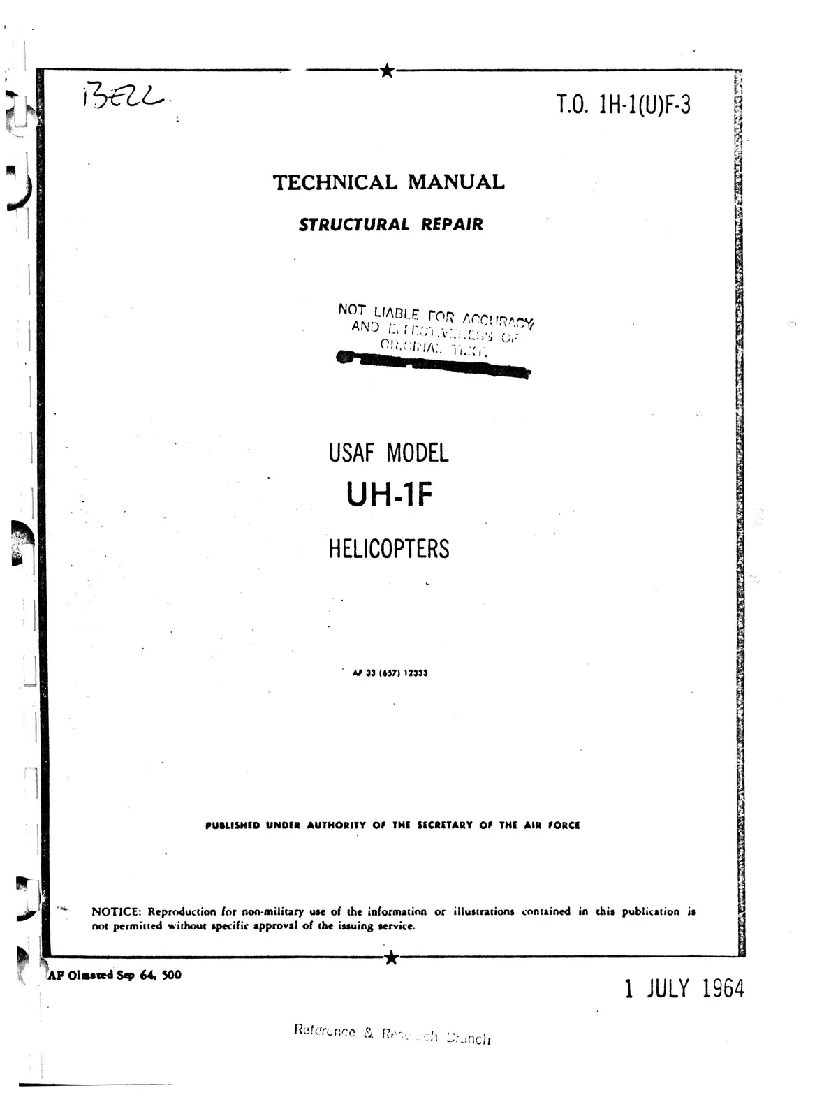 Bell Helicopter Uh-1F 1964 Structural Repair Manual T.O. 1H-1(U)F-3 1