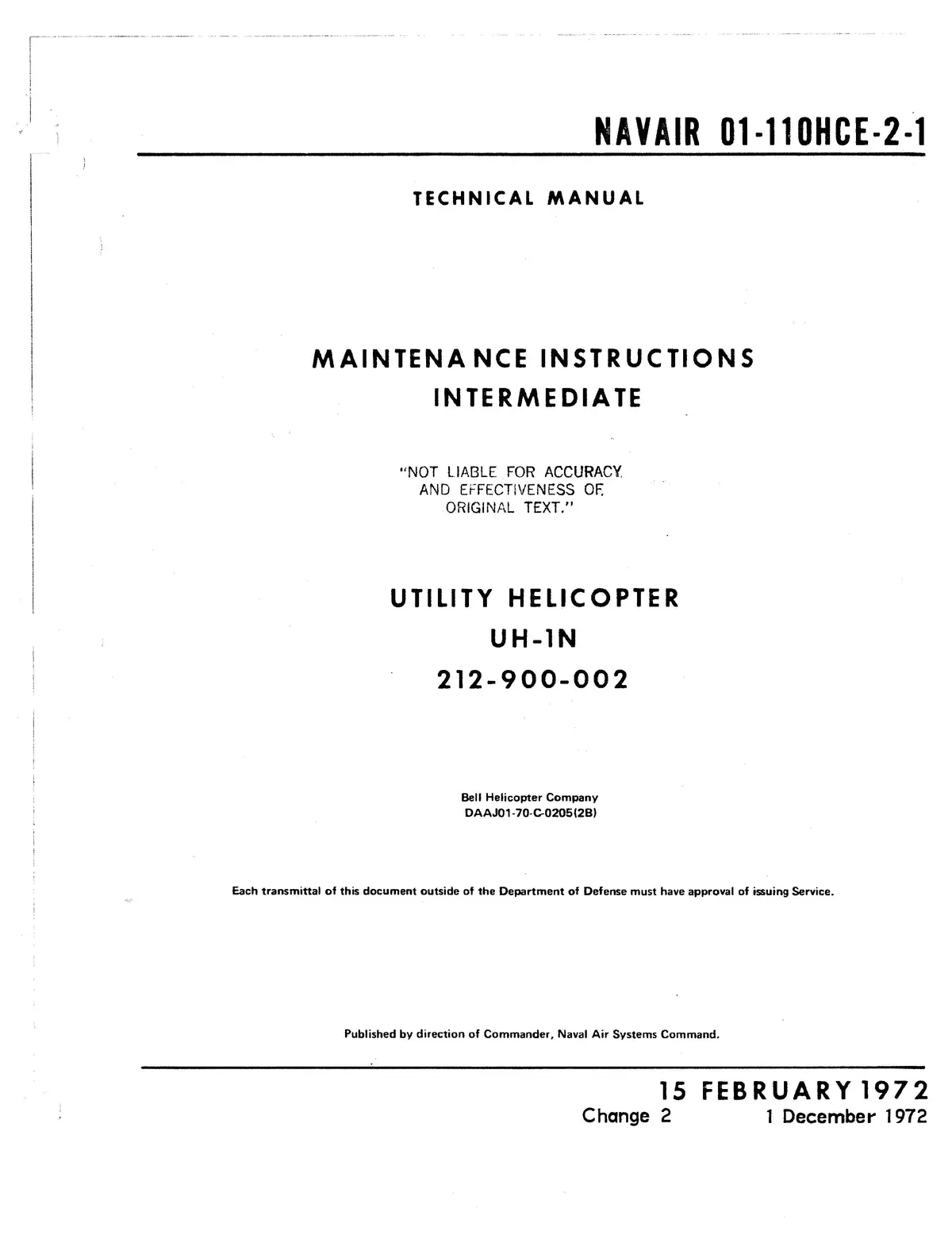 Bell Helicopter Uh-1N 1972 Intermediate Maintenance Instructions 01-110Hce-2-1 1