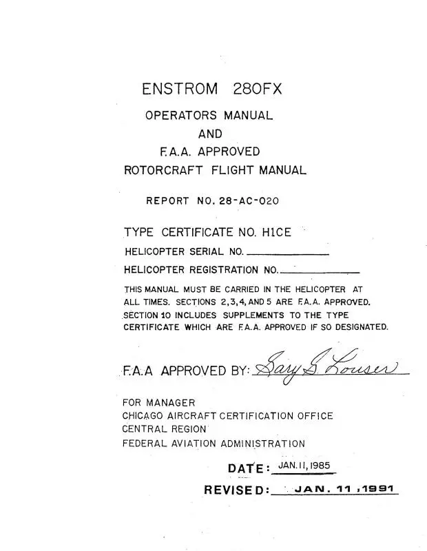 Enstrom 280Fxhelicopter 1985 Operators Manual & Approved Flight Manual (28-Ac-020) 1