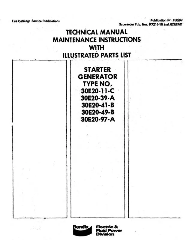 Bendix Starter Generator 30E20 Series Maintenance Instructions W-Illustrated Parts List (R7211-15) 1