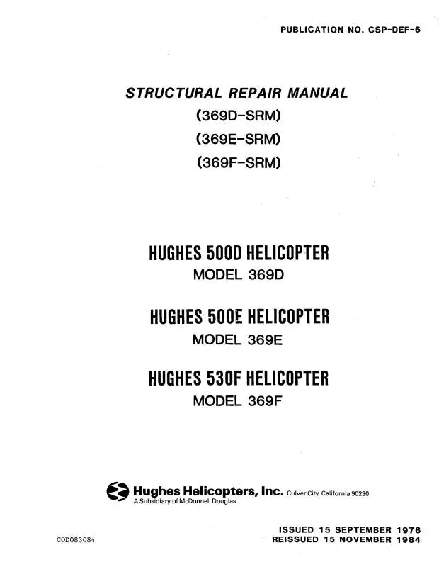 Hughes Helicopters 369D,E,F-Srm 1976 Structural Repair Manual (Csp-Def-6) 1