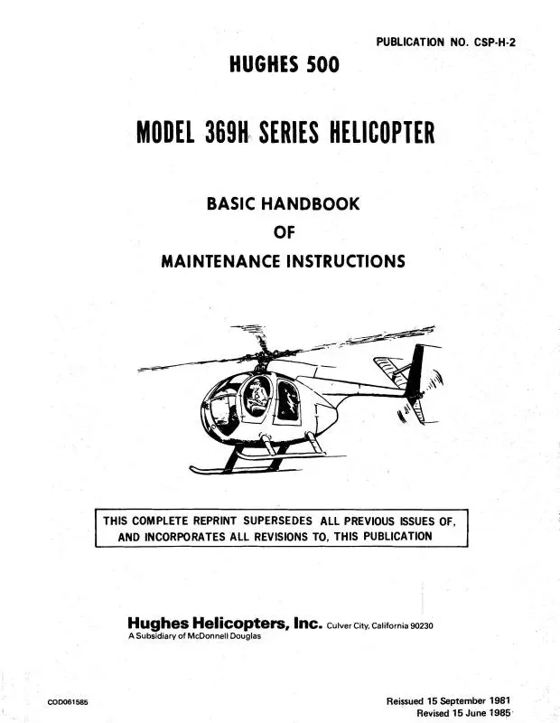 Hughes Helicopters 500 Model 369H Helicopter 1968 Maintenance Instructions Handbook (Cod175101) 1