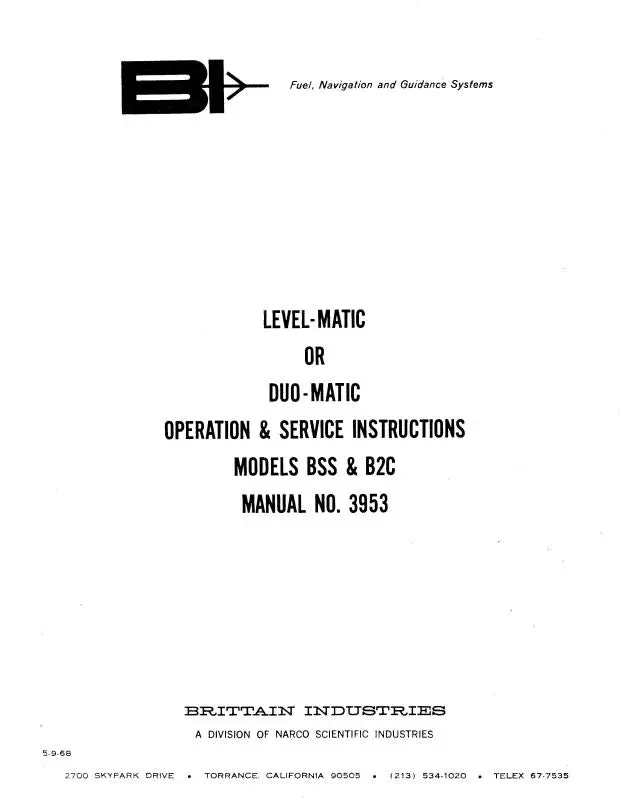 Brittain Industries Bss & B2clevel-Matic-Duo-Matic Maintenance, Operation (3953) 1