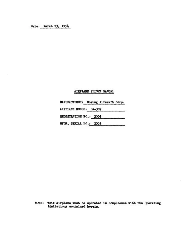 Boeing S-307 4-Engine Airliner 1954 Flight Manual (Bos307-54-F-C) 1