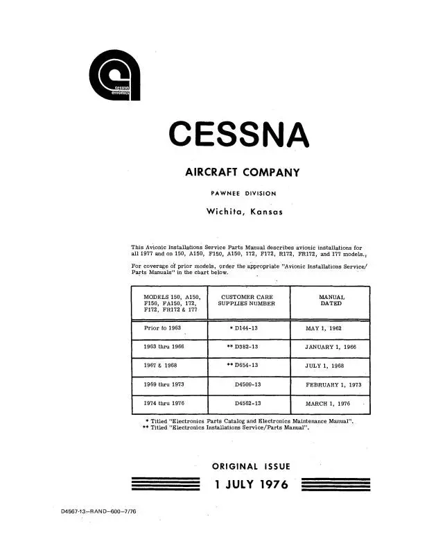 Cessna 150,172 & 177 Avionics Manuals Install Maintenance-Parts Manual (D4532-13) 1