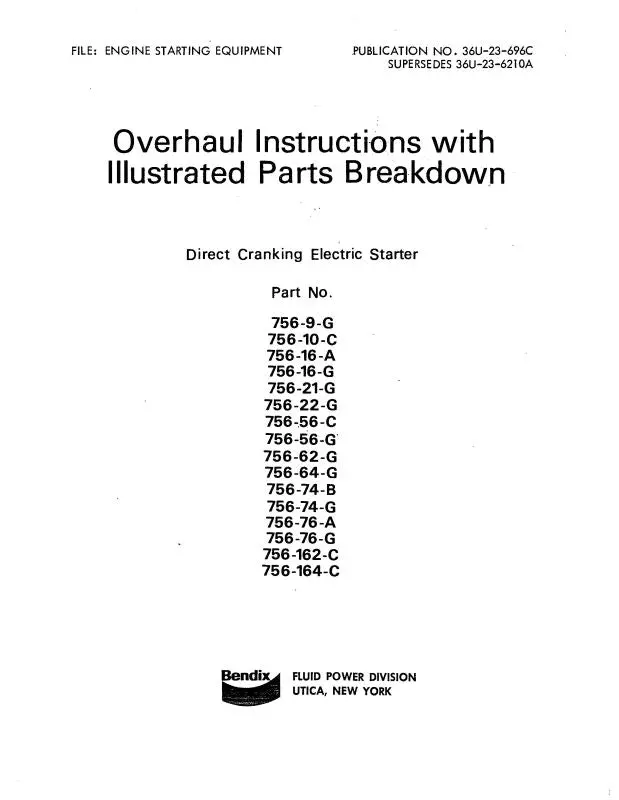 Bendix 756-9-G Thru 756-164-C Starter Overhaul With Illustrated Parts (36U-23-696C) 1