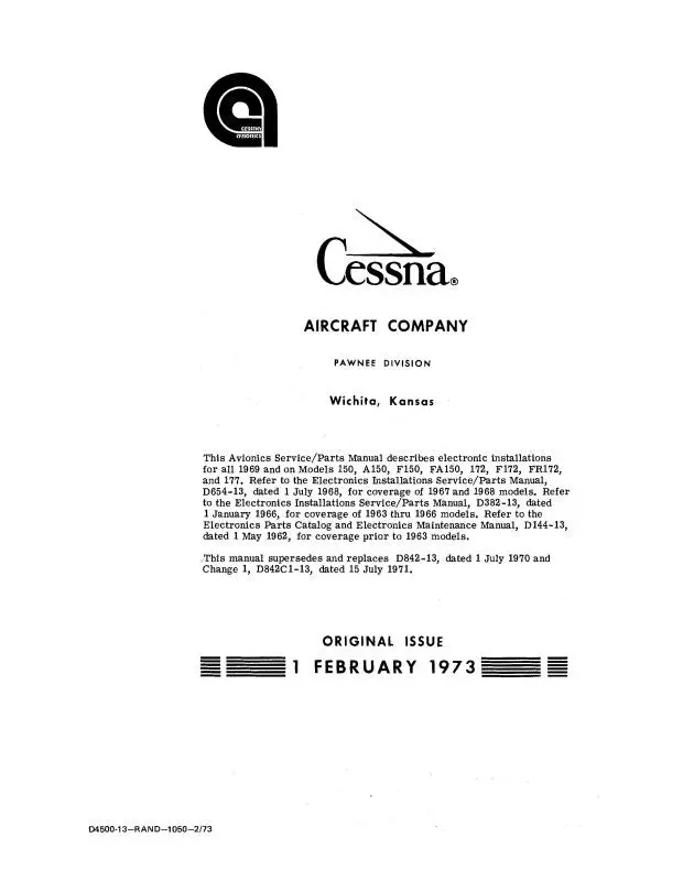 Cessna Avionic Install 150,172,177 Maintenance Manual 1969-1973 (D4500-13) 1