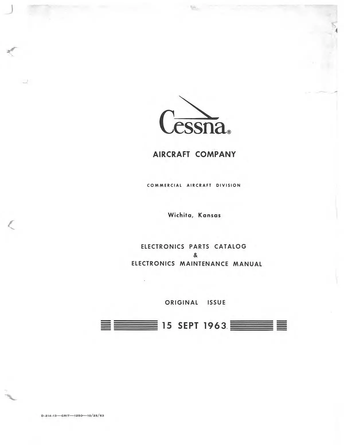 Cessna Electronics Maintenance, Parts Manual D214-13 1963 1